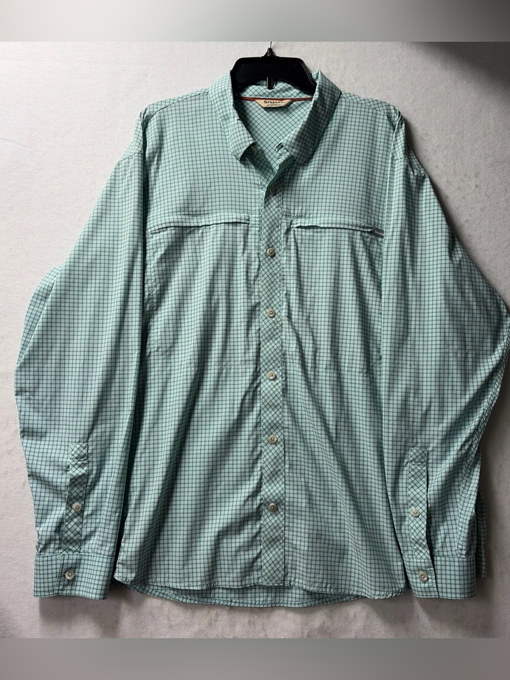 SIMMS Fishing Shirt Long Sleeve Men’s Size XXL Green Checkered Zipper Pockets